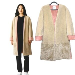 Zara Beige Faux Fur Shearling Jacket Sz S Oversize Open Winter Teddy Trench Coat